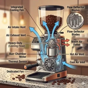 Diagram of the heat dissipation and cooling fan of a commercial coffee grinder machine.