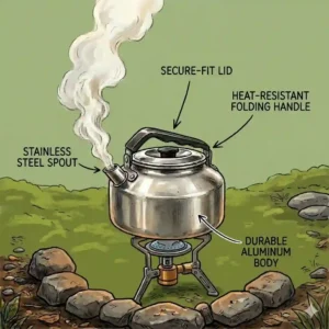 Diagram highlighting the heat-resistant handle, built-in strainer, and secure lid of a modern camping tea kettle.