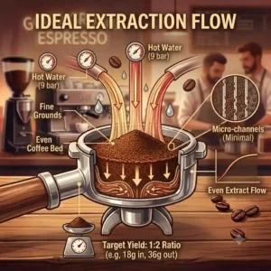 "A cross-section illustration showing water flowing through a packed bed of good ground espresso."