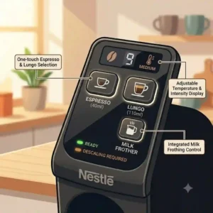 An instructional graphic detailing the steps to descale and clean the used capsule container of a nestle coffee machine.