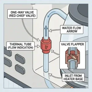 Line drawing illustrating the one-way valve and thermal tube coffee brewer parts.