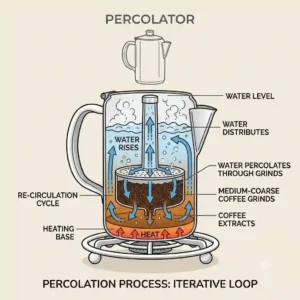 An illustration showing how hot water bubbles up during a percolator vs french press brewing process evaluation.