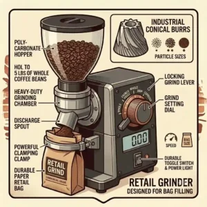 A industrial-strength commercial coffee grinder designed for grinding whole beans into retail bags.