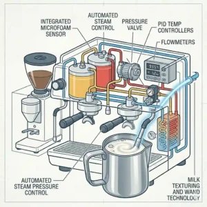 Automated milk frothing steam wand texturing milk in a stainless steel pitcher on a commercial automatic espresso machine.