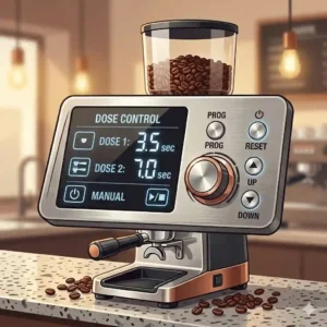 Programmable digital display and dose control on a commercial coffee grinder machine.