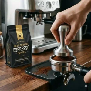 Barista tamping the best ground espresso coffee into a portafilter basket for extraction.