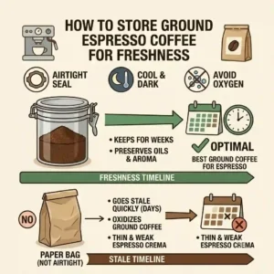 Storage freshness timeline comparing airtight canister versus paper bag to keep the best ground coffee for espresso machine fresh.