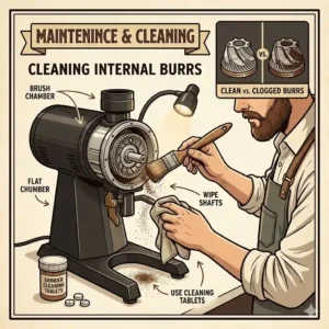 A technician demonstrating how to clean the internal burrs of a commercial coffee grinder to ensure longevity.