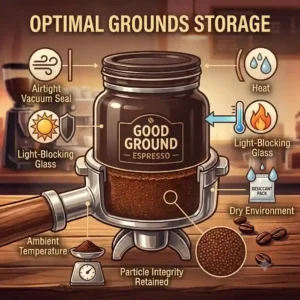 "An illustration of an airtight container designed to properly store good ground espresso."