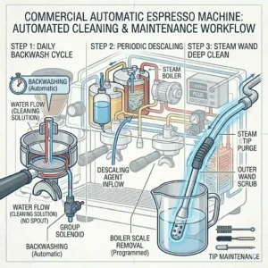 An automated steam wand texturing milk on a commercial automatic espresso machine.