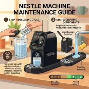 A wider-angle view of a modern kitchen setup featuring a stylish nestle coffee machine as the central countertop appliance.