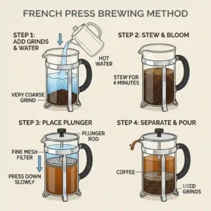 An illustration of a hand pressing down the mesh plunger explaining a percolator vs french press extraction method.