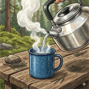 Close-up illustration of a camper pouring boiling water from a green camping tea kettle into a camping mug.