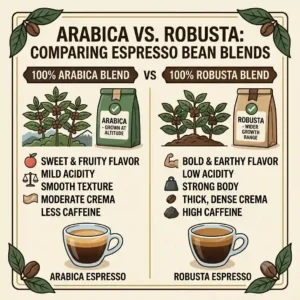 Infographic showing the optimal Arabica and Robusta ratios for creating the best ground coffee for espresso machine blends.