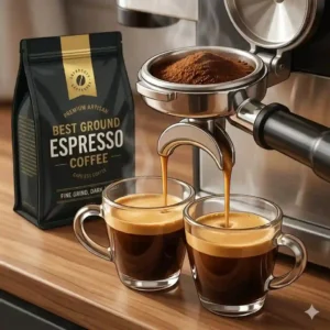 Clear view of crema forming as a double shot of the best ground espresso coffee is pulled.
