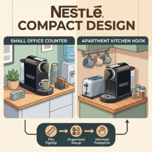 A comparison graphic illustrating how a compact nestle coffee machine fits perfectly into tight spaces in a small office and an apartment nook.