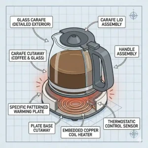 Illustration of a glass carafe sitting on the hot warming plate coffee brewer parts.