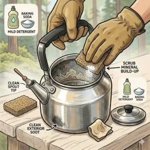 Illustrated steps showing how to properly clean soot and mineral buildup from a camping tea kettle.