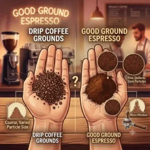 "A visual comparison showing coarse drip grounds vs. the fine texture of good ground espresso."