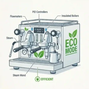 The energy-efficient eco-mode features of a commercial automatic espresso machine.