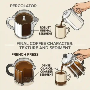 Two coffee cups showing a clean robust brew next to an oil rich cup in a percolator vs french press texture review.
