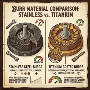 An illustration showing the durability differences between stainless steel and titanium-coated commercial coffee grinder burrs.