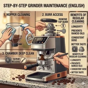 Cleaning and maintenance process for a professional commercial coffee grinder machine.