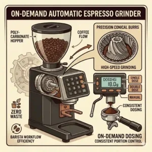 A barista using an automatic on-demand commercial coffee grinder for fast espresso workflow.