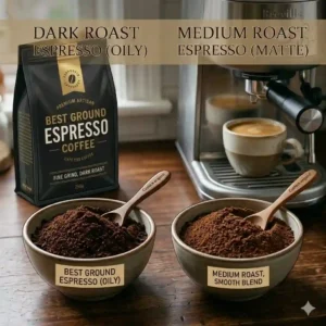 Side-by-side comparison of dark roast and medium roast best ground espresso coffee varieties.