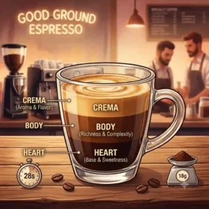 "A diagram labeling the crema, body, and heart layers of a perfect shot made from good ground espresso."