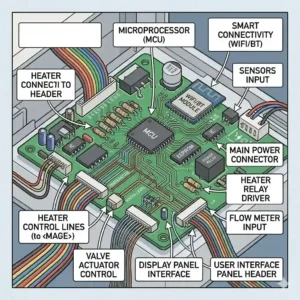 Graphic illustration of the internal electronic control board and motherboard coffee brewer parts.