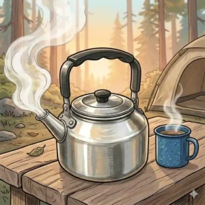 A cozy morning campsite illustration featuring a steaming camping tea kettle next to a tent at sunrise.