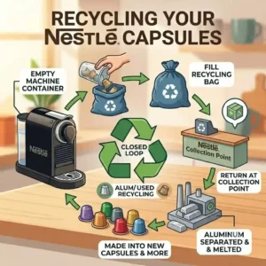 An infographic showing the closed-loop sustainability journey of aluminum capsules from a nestle coffee machine, emphasizing recycling.