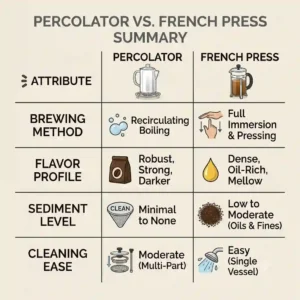 A summary infographic comparing brewing time flavor profile and ease of cleaning for a percolator vs french press.