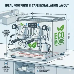 Installation layout showing the footprint of a commercial automatic espresso machine on a counter.
