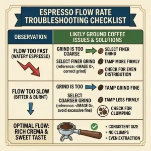Troubleshooting checklist for fixing slow or fast extraction flow rates using the best ground coffee for espresso machine preparation steps.