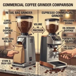 Comparison between a retail bag grinder and an espresso commercial coffee grinder machine.
