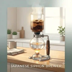 An elegant glass japanese coffee maker using the siphon method with a glowing burner underneath.
