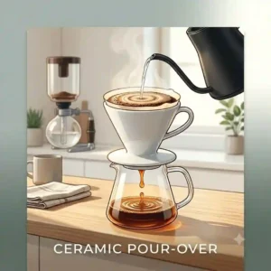 A white ceramic japanese coffee maker dripper resting on a glass server as hot water is poured over ground coffee.