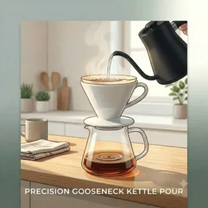Close-up of a matte black gooseneck kettle pouring a steady stream of water into a manual japanese coffee maker.