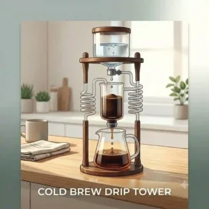 A tall, architectural glass japanese coffee maker designed for slow-drip iced cold brew coffee extraction.