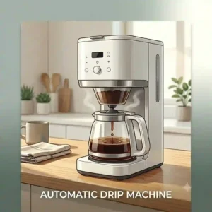 A premium automatic japanese coffee maker machine brewing coffee into a thermal carafe in a contemporary kitchen.