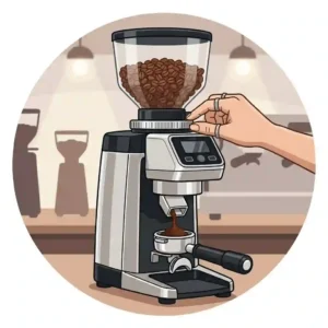 An illustration with side-by-side diagrams comparing flat burrs and conical burrs used within a commercial espresso grinder.