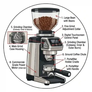 An informative technical diagram illustrating the key internal and external components of a commercial espresso grinder.