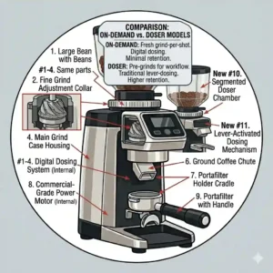 An infographic comparison guiding readers between an on-demand commercial espresso grinder model and a doser grinder model.