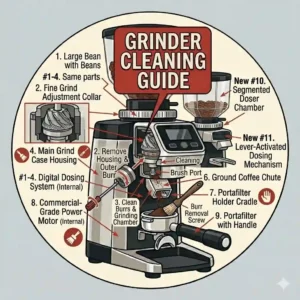 A step-by-step cleaning tutorial illustration showing how to clean the key areas of a commercial espresso grinder.