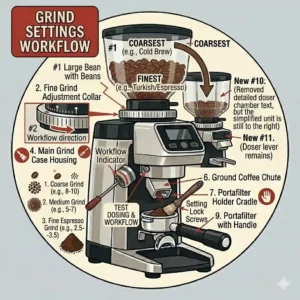 A visual guide chart explaining how to adjust settings on a commercial espresso grinder from coarse to fine grind.