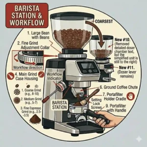 An illustration demonstrating optimal workflow and portafilter usage for efficiency at a barista station with a commercial espresso grinder.