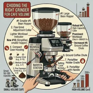 A selection tool chart illustration designed to help choose the perfect commercial espresso grinder based on daily cafe volume.