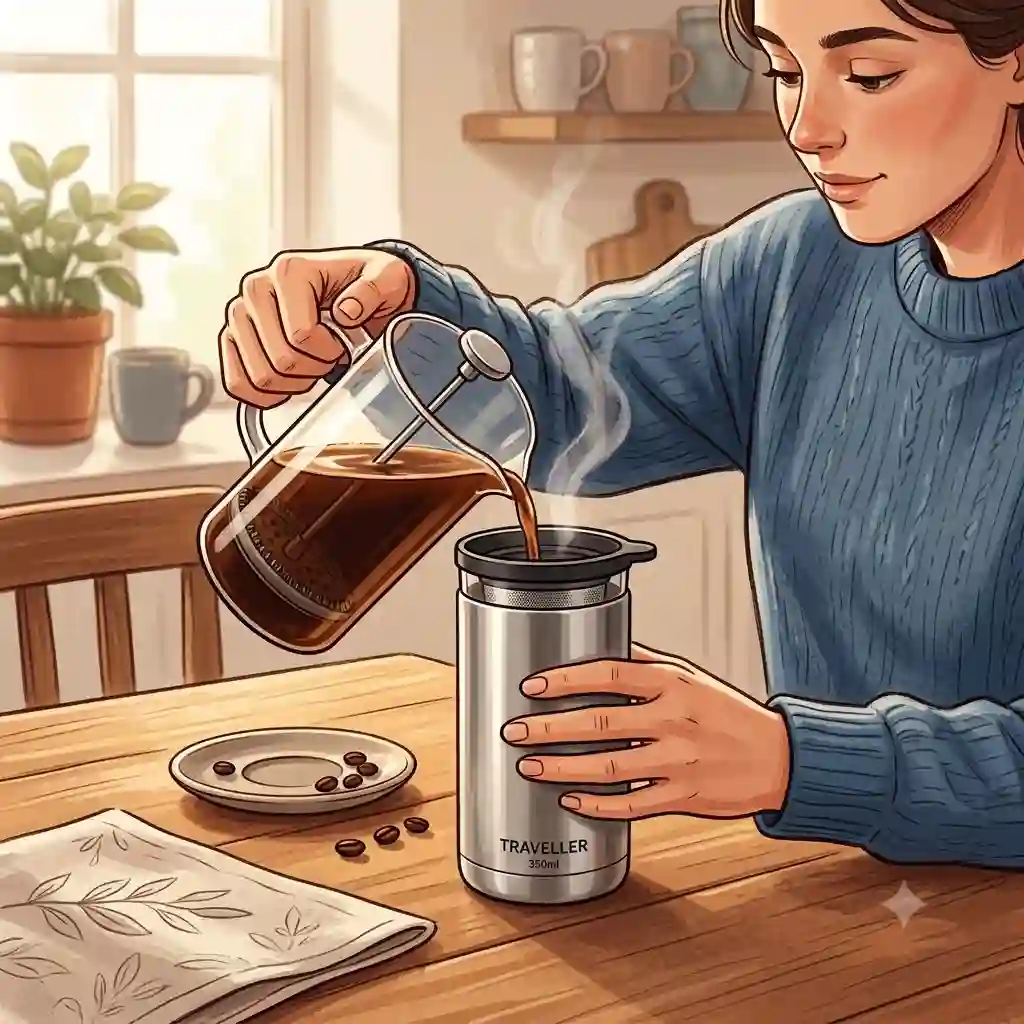 A person pouring freshly brewed hot coffee from a glass carafe into a stainless steel french press travel mug on a kitchen table